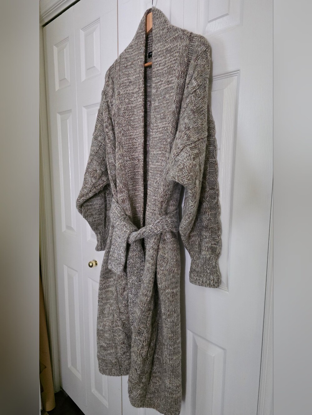 Mohair Wool Blend Belted Long Taupy- Beige Cable Knit Cardigan L-XL - Picture 8 of 13